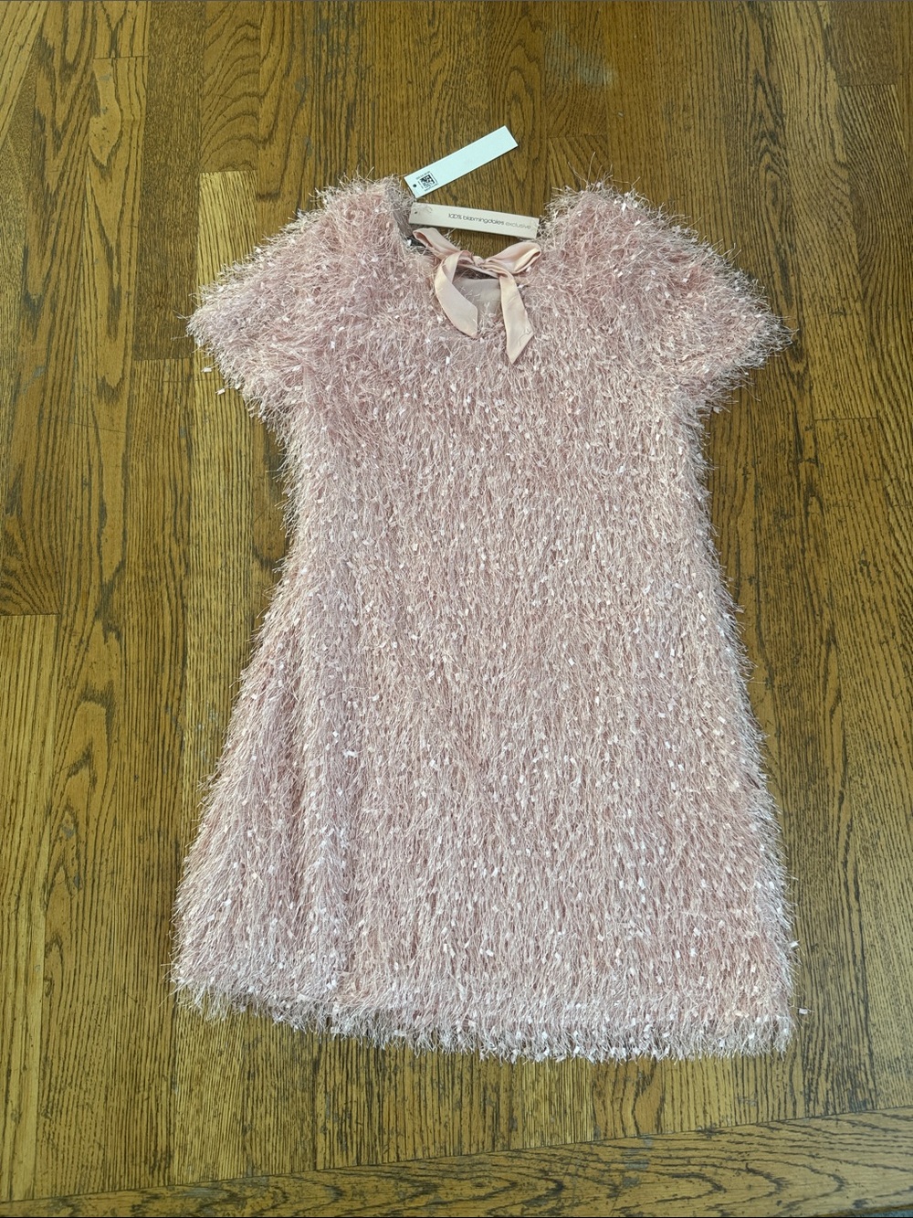 Aqua Shaggy Tinsel Party Dress in Blush Pink with Bow